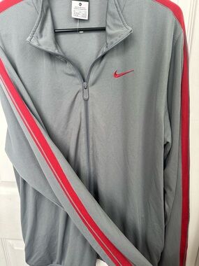 Nike Grey Zip-Up Windbreaker with Red Stripe Accents